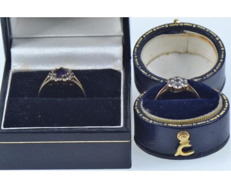 Two 9ct gold gem-set rings, including a heart-shaped cluster with CZ and amethyst, size K; the other a CZ cluster ring, size 