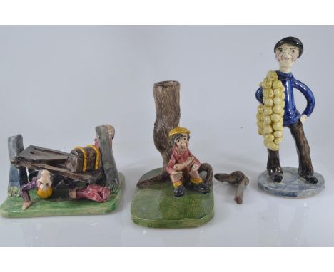 Three Runnaford Pottery Will Young figures, The Onion Seller, Collapsed Gate & Book reading figure under tree (AF)Onion selle