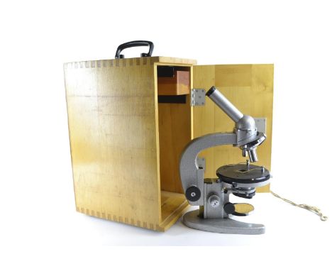 Microscope in purpose made wooden case, Product of CCCP, Serial no. N632587, with a single drawer with 8 compartments and som