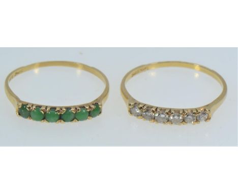 Two 14ct gold six stone gem-set rings, one set with diamonds & the other with jadeite, size R, gross weight 2.73 grams 