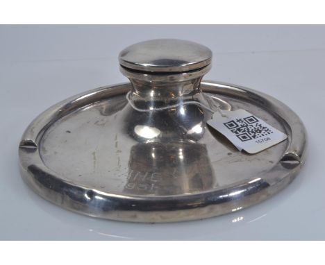Silver capstan inkwell, Deakin & Francis Ltd, Birmingham 1930, with inscription 'NANCY 1931', with ceramic well, diameter 16c