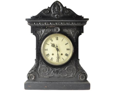 Oak cased Mantle clock with ornate carving H50cm W36.5cm D19cm 