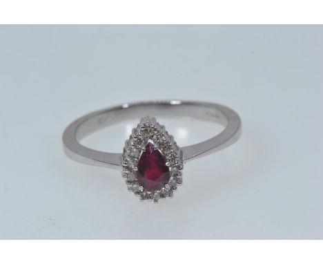 18ct white gold, ruby and diamond pear-shaped cluster ring, size R 1/2, 3.5 grams 