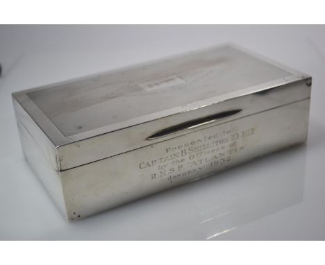 Art Deco rectangular silver cigarette box, Mappin & Webb Ltd, London 1931, the engine turned cover engraved with initials 'B.