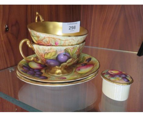 TWO AYNSLEY ORCHARD GOLD CUPS AND SAUCERS WITH GILT INTERIOR, TOGETHER WITH A MINIATURE TRINKET POT (3) 