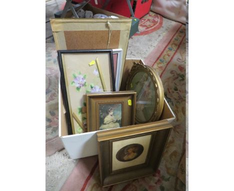 A BOX OF FLORAL PAINTINGS, PORTRAIT PRINTS ETC.