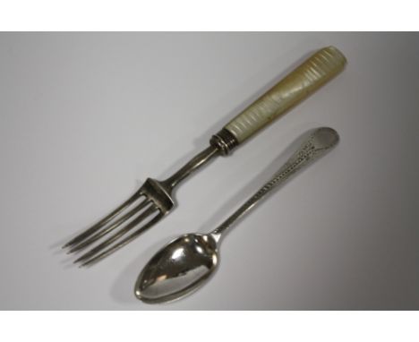 A HESTER BATEMAN BRIGHT CUT TEASPOON TOGETHER WITH A GEORGIAN SILVER AND MOTHER OF PEARL FORK 