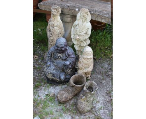 A SELECTION OF STONE AND CERAMIC GARDEN ORNAMENTS TO INCLUDE TWO JAPANESE FIGURES (1 S/D )BUDDHA, TWO BOOTS AND A GNOME