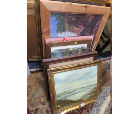 A COLLECTION OF PICTURES AND PRINTS TO INCLUDE TWO OIL ON CANVASES DEPICTING CRASHING WAVES SIGNED SILVER AND A HARBOUR SCENE