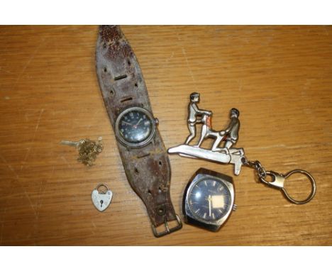 A MILITARY STYLE BLACK DIAL TIMEX WRIST WATCH TOGETHER WITH AN AVALON WRIST WATCH ETC