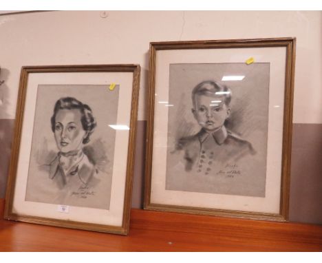 A PAIR OF 1950S ERA CHARCOAL PORTRAIT STUDIES OF A WOMAN AND A CHILD SIGNED NARDO MAR DEL RIATA 