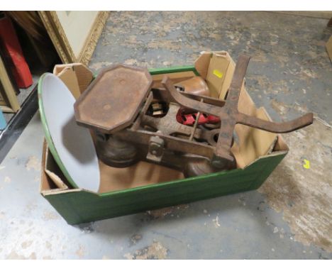 A SET OF VINTAGE SCALES &amp; WEIGHTS TOGETHER WITH A BLOW LAMP