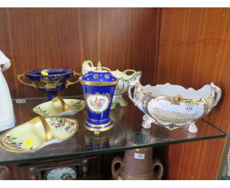 A SPODE LIMITED EDITION TWIN HANDLED WIDE VASE, TOGETHER WITH ANOTHER A/F CAULDON FOOTED BOWL ETC. (6) 