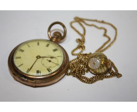 A GOLD PLATED OPEN FACED POCKET WATCH TOGETHER WITH A ROTARY PENDANT WATCH