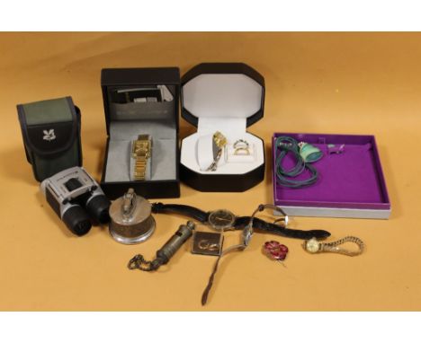 A BOX OF COSTUME JEWELLERY AND WATCHES TO INCLUDE A COMBINATION LIGHTER,  WATCH ETC 
