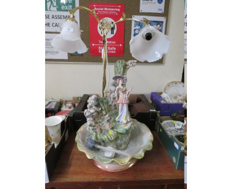 AN UNUSUAL ITALIAN CERAMIC FIGURATIVE INDOOR WATER FEATURE/LAMP WITH GLASS SHADES 