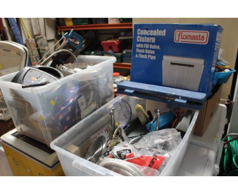 TWO BOXES OF MIXED TOOLS AND PARTS TO INCLUDE A CONCEALED CISTERN ETC