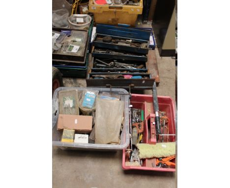 A SELECTION OF TOOLS AND PARTS ETC TO INCLUDE MOSTLY NAILS PLUS A TOOLBOX WITH CONTENTS