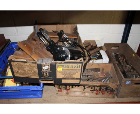 FOUR TRAYS OF TOOLS ETC TO INC VINTAGE PLANES, STUART TURNER SHOWER MATE ETC