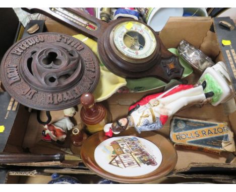 A TRAY OF COLLECTABLES TO INCLUDE AN OAK WALL BAROMETER, FIGURATIVE CERAMIC WHISKY BOTTLE ETC. 