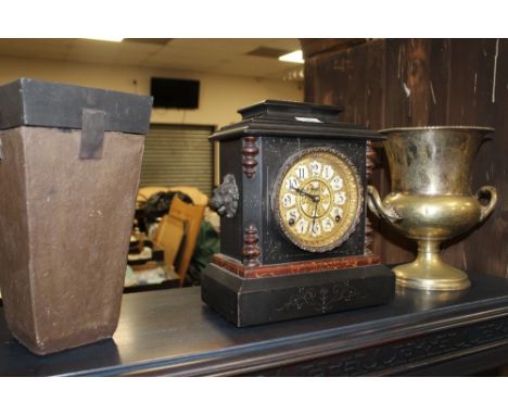 A VINTAGE WOODEN MANTLE CLOCK, CAMPANULA URN COOLER ETC