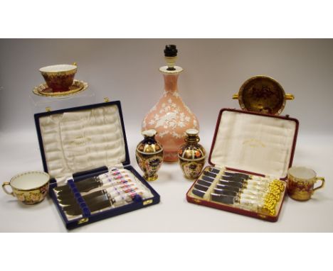 A Royal Crown Derby Pink Demitasse lamp base, printed marks to base, embossed in relief throughout; a cased set of six Royal 