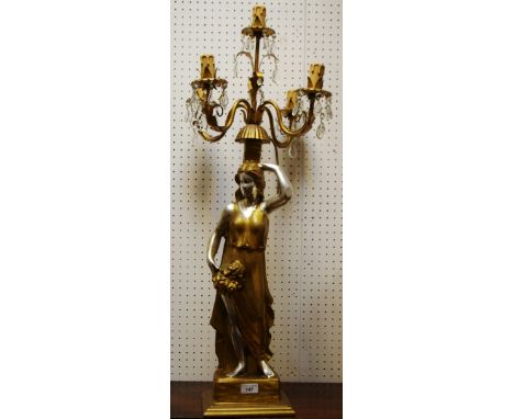 Interior Design - a gilded five branch candelabrum style table lamp, the caryatid column dressed in robes, plinth base 92cm h