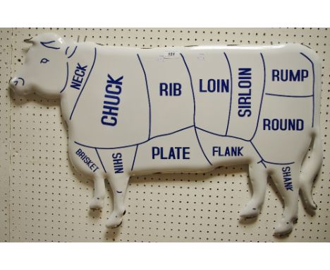 An enamel butchers shop window display showing different meat cuts