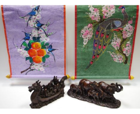 Tibetan items - a large 3 dimensional dragon tapestry panel, 153cm x 84cm; a traditional skirt, bags, dolls, scrolls, etc