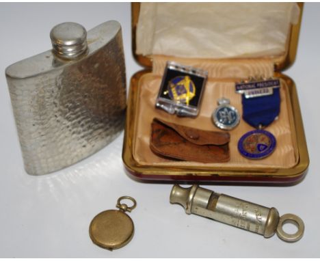 A Policeman's London whistle; hip flask; badges, etc