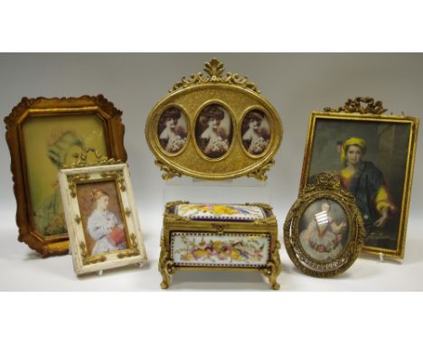 A 19th century Continental hand painted portrait miniature crystoleum signed Eric, ornate gilded easel frame; a 19th century 