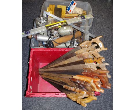Tools - Five Disston handsaws; Disston tenon saw; others; Moore and Wright vernier gauge; set squares; tapping bits; shoulder