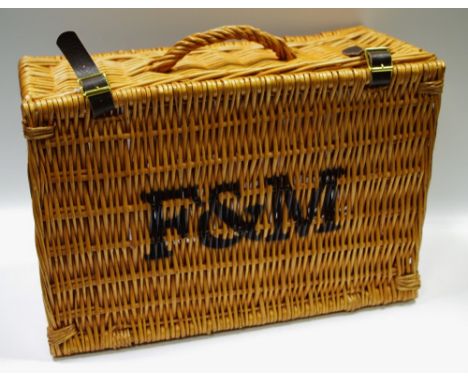 A Fortnum and Mason wicker hamper, leather straps, 47cm wide, 21cm high