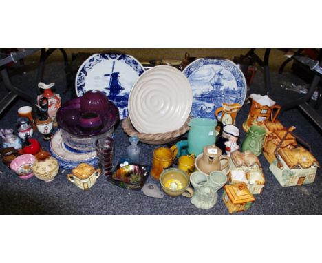 Ceramics- Delfts Blauw Chemkefa chargers, Holkham pottery, Wedgwood Bethal ship plate;  1930's, 1930's and later, Myott jug, 