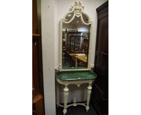 A Verde marble consort table moulded top, decorated frieze, turned tapering legs, turned under finial x-frame stretchers, dec