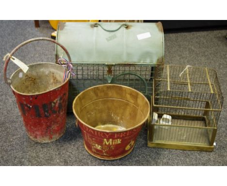 A Genykage brass bird cage with ceramic feeder &amp; water trough, removable tray; a reproduction tin poultry carrier; a vint