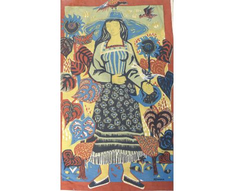 Andrea Minaux (1923-1986) two abstract print wall hangingsComprising an example depicting fish, 69x109cm, the second example 
