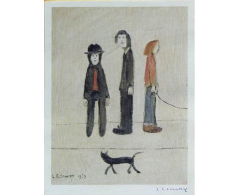 Laurence Stephen Lowry RA (British, 1887-1976) - 'Three Men and a Cat'Signed colour print, signed in blue biro to the mount, 