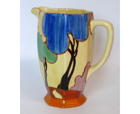 A Clarice Cliff Fantasque Bizarre jug of octagonal formDecorated in the 'Autumn Balloons' pattern, black painted factory mark