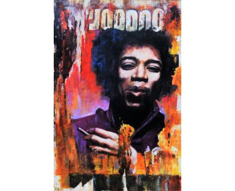 A 20th Cenury Oil on Canvas Portrait of Jimi HendrixH 34.5" x W 23"