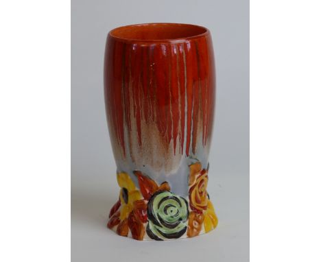 A Clarice Cliff vase of cylindrical formDecorated in the 'My Garden' pattern on a dripped red and eggshell ground, printed fa