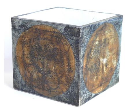 A rare Troika St Ives pottery large size cubeDecorated on all four sides with manganese painted circles on a cobalt ground, s