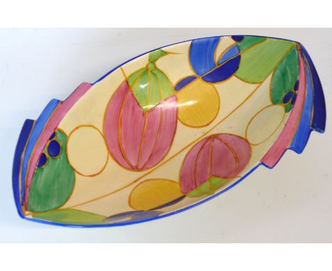 A Clarice Cliff Art Deco bowl of oval formDecorated in the 'Pastel Melons' Picasso fruit pattern, printed factory marks to ba