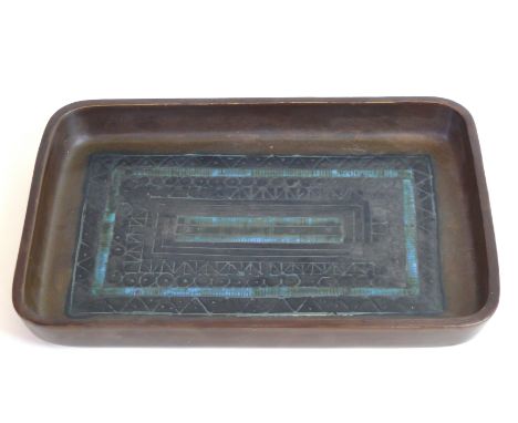 A Troika St Ives pottery tray of rectangular formHaving cobalt geometric decoration on a manganese ground, signed Troika St I