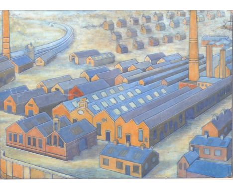 A 20th century lino pictureDepicting the Wedgwood factory and buildings, inset within pine frame, 122x168cm (excluding frame)