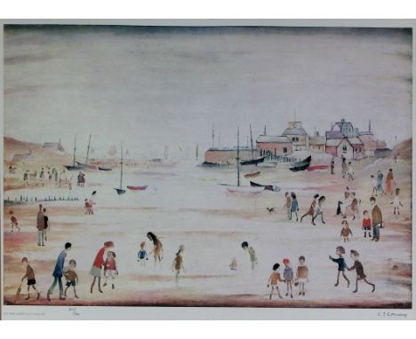 Laurence Stephen Lowry RA (British, 1887-1976)- 'On the Sands'Pencil signed limited edition colour print, numbered pencil to 