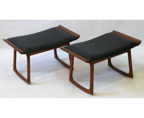 A pair of Danish teak rocking stoolsCirca 1960's, of rectangular form, with black leatherette seat cushions, height 36cm, len