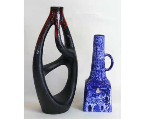 Two West German 'Fat Lava' ceramic vasesTo include an unusual vase having turquoise blue and red lava effect glaze dripped on