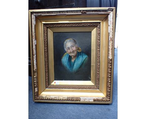 ITALIAN SCHOOL, 19TH CENTURY: PORTRAIT OF AN ELDERLY LADY oil on canvas, stuck to a board, in a gilt frame 46 x 40 cm, a land