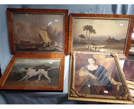FOUR VICTORIAN PICTURES three watercolours, a landscape, a seascape after Turner, a saint or martyr and a coloured engraving 